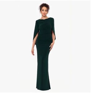 BA Nites Long Draped Back Dress Forest Green